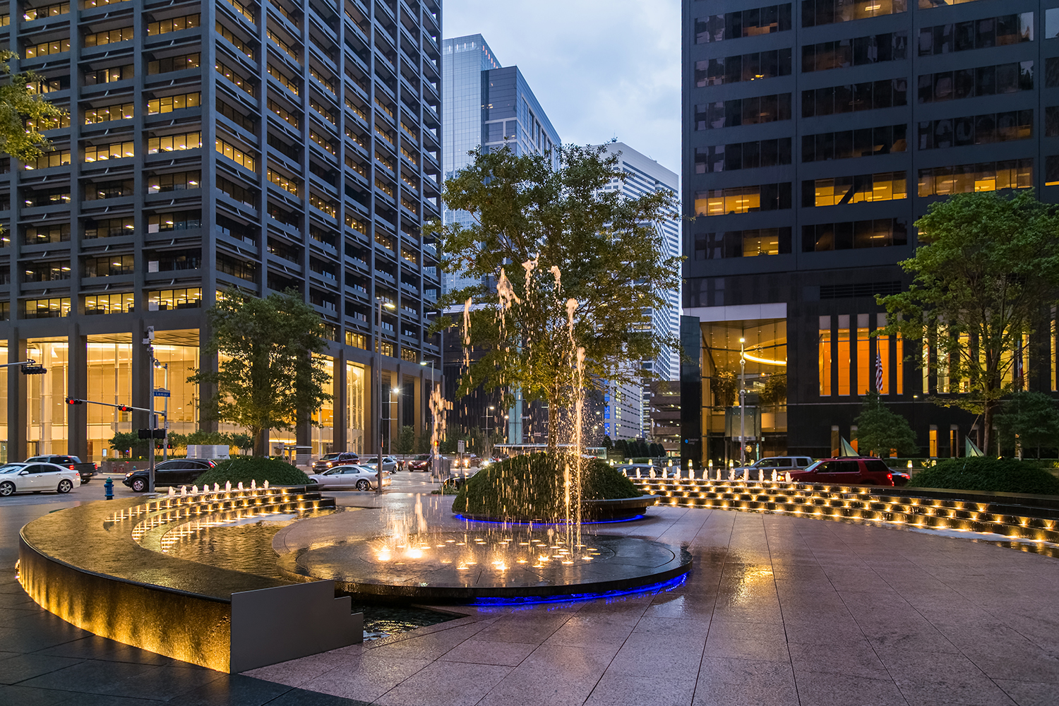 Fountain with lights and illumination in Downtown Houston, Texa